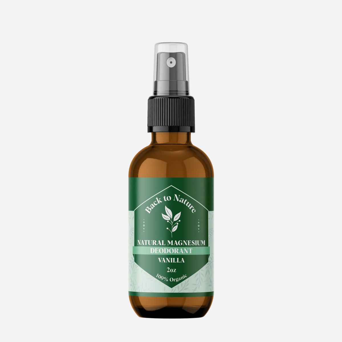 Brown spray bottle of Back to Nature natural magnesium deodorant on a gray background