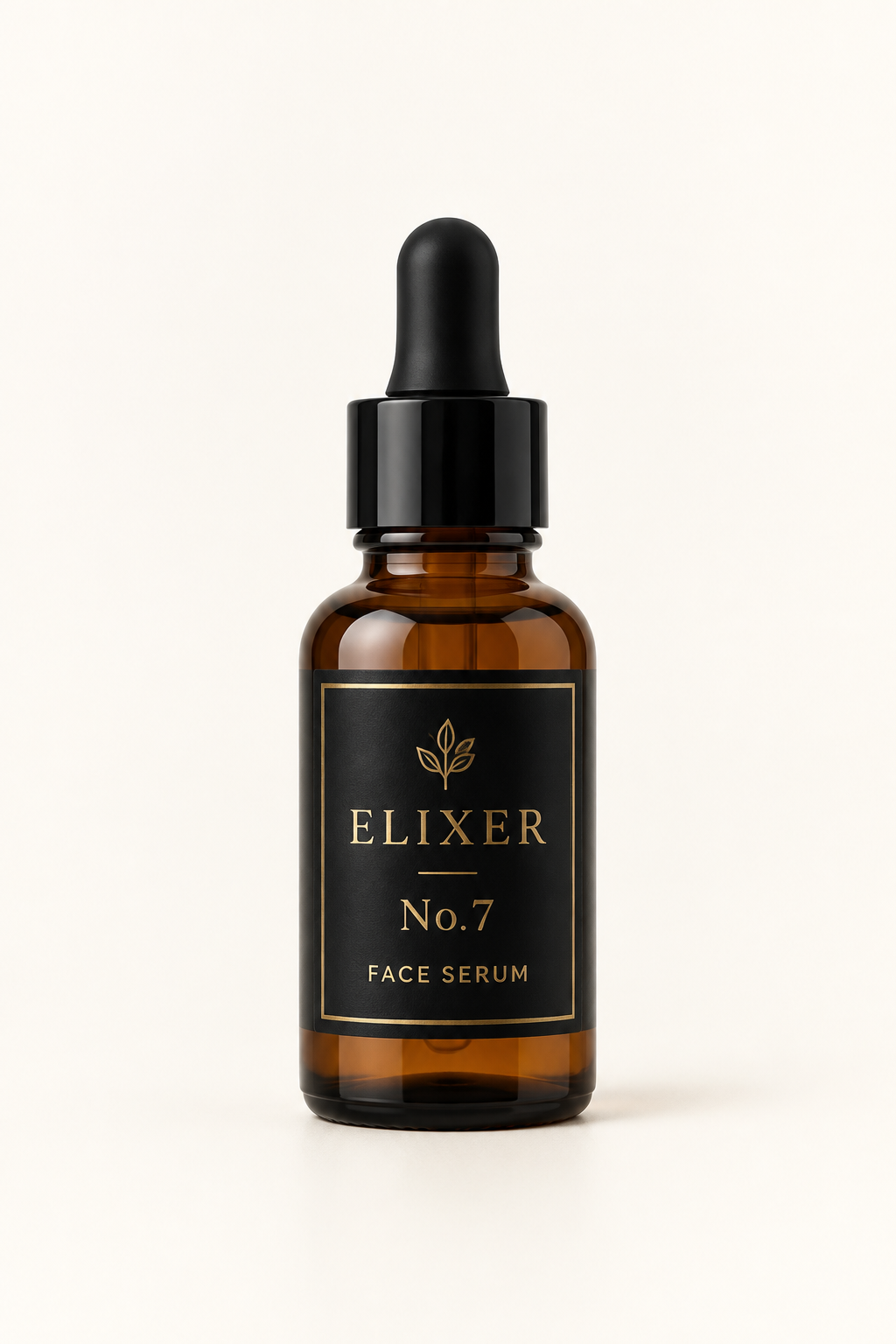 Front view of Elixer No.7 Face Serum in an amber bottle with a black dropper top and black-and-gold label.