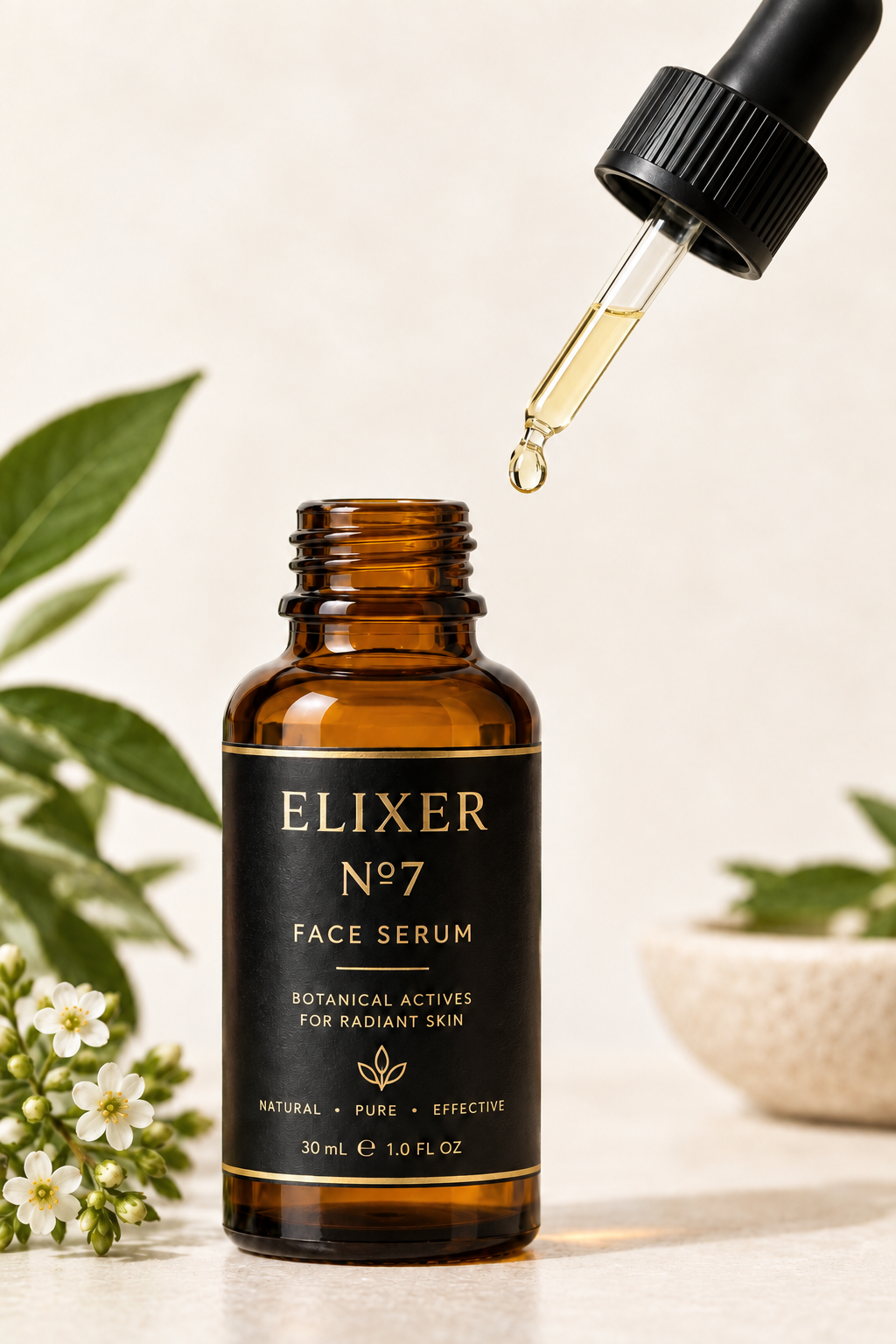 Close-up of the black dropper dispensing a small drop of Elixer No.7 Face Serum from its amber bottle.